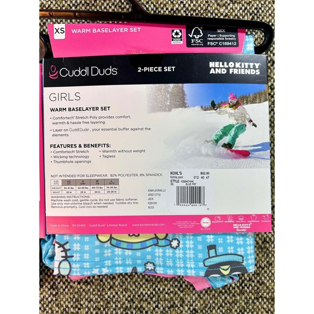 Cuddl Duds Hello Kitty Girls XS 4/5 Baselayer Set Blue Sanrio NEW